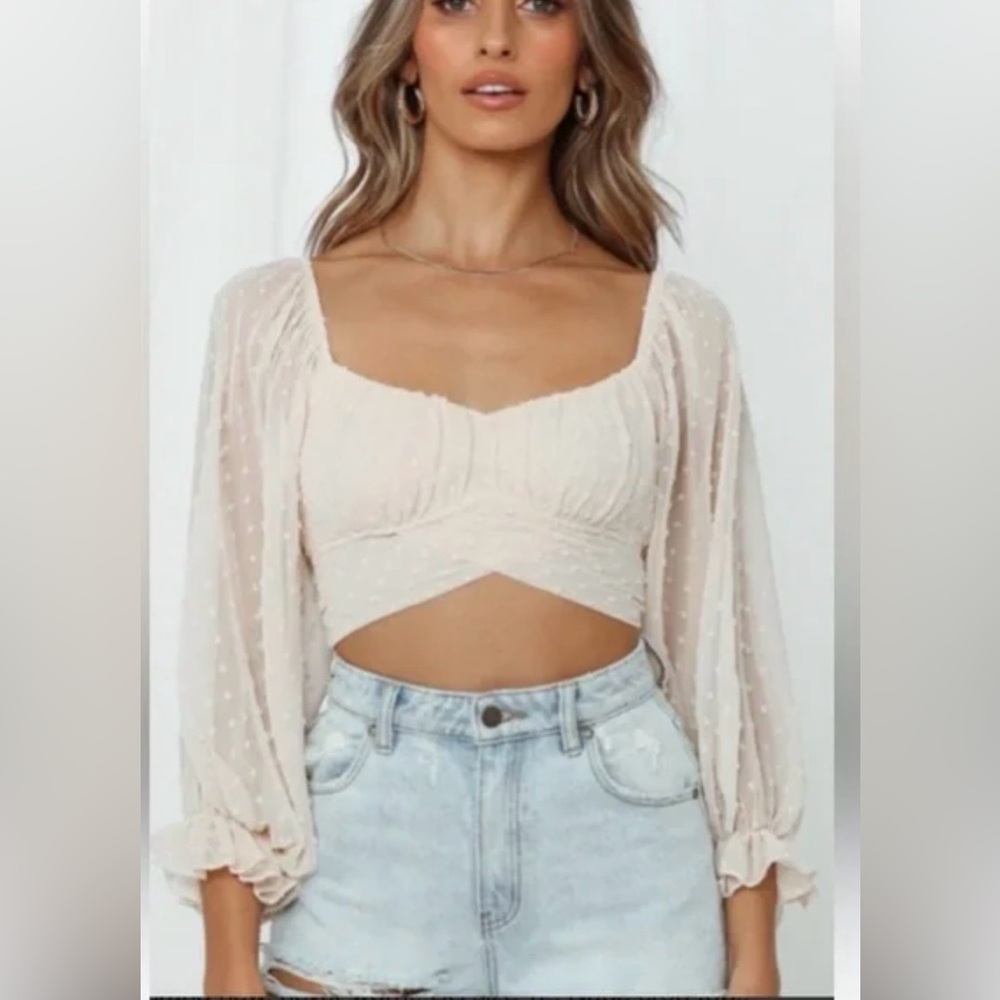 Hello Molly Cream Swiss Dot Long Sleeve Crop Top